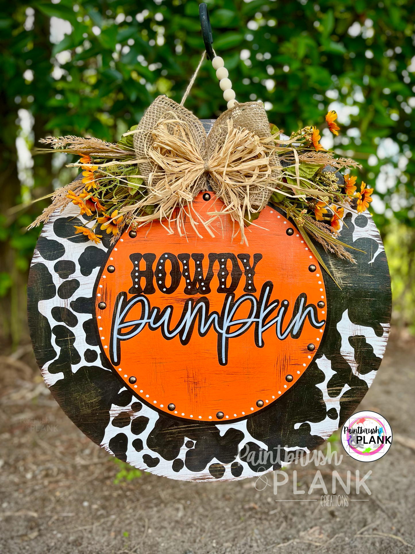 Howdy Pumpkin Cow Print Door Hanger