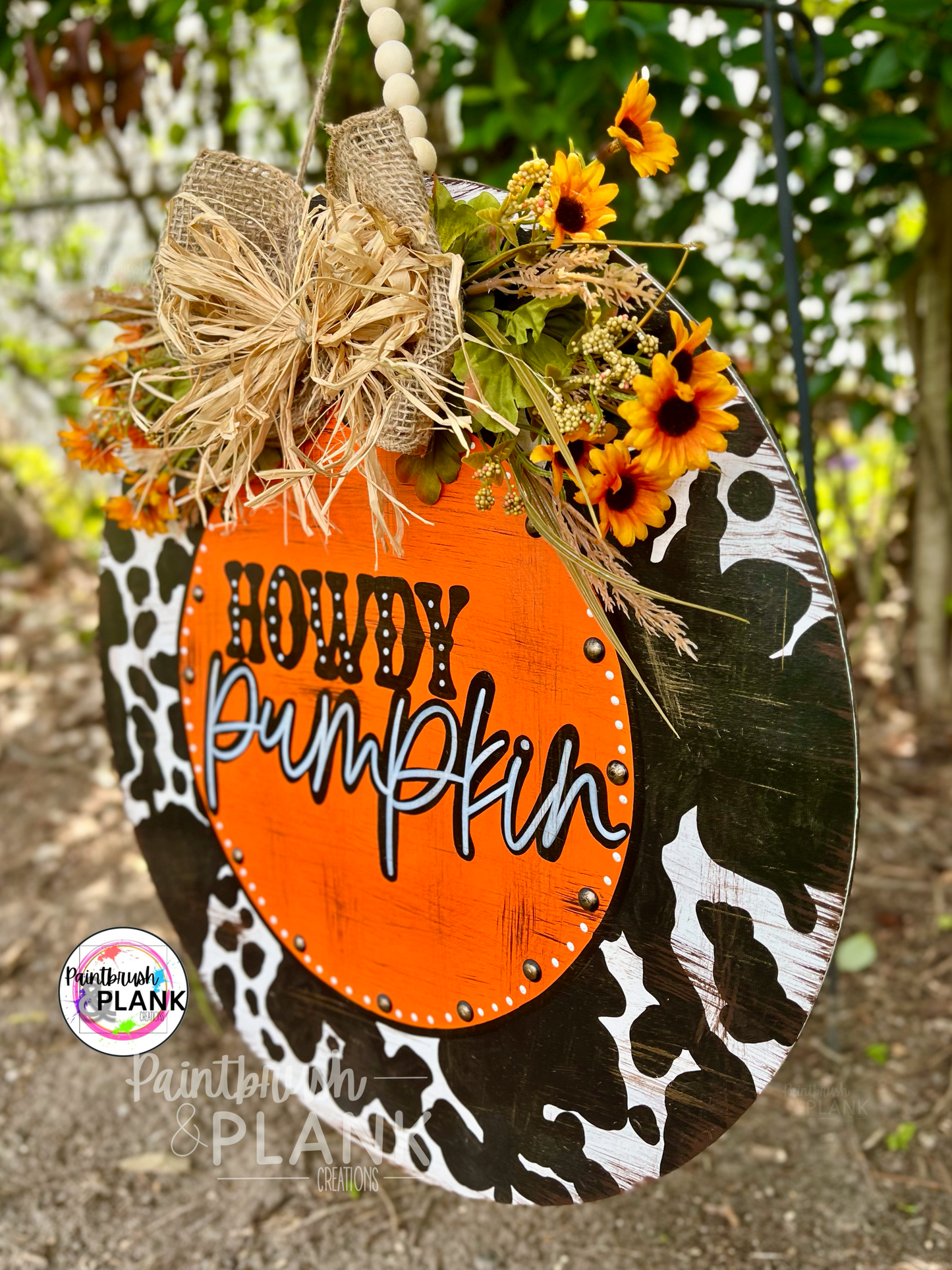 Howdy Pumpkin Cow Print Door Hanger
