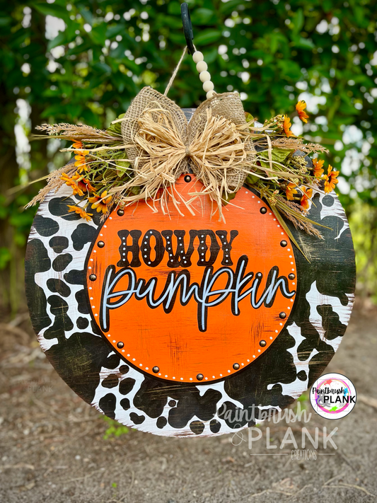 Howdy Pumpkin Cow Print Door Hanger