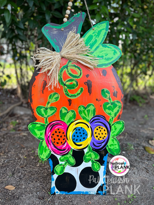 Pumpkin Topiary Door Hanger-Black Polk Dot