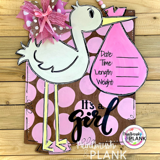 Baby Girl Stork Birth Announcement Door Hanger